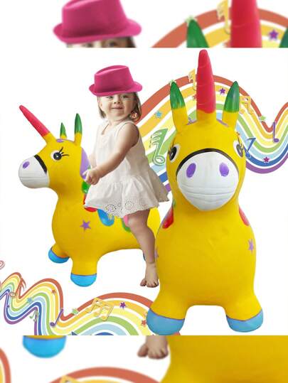 GRUPO CARNAVALLIA Montable Caballito Unicornio Amarillo Inflable Brinca Luz Sonido