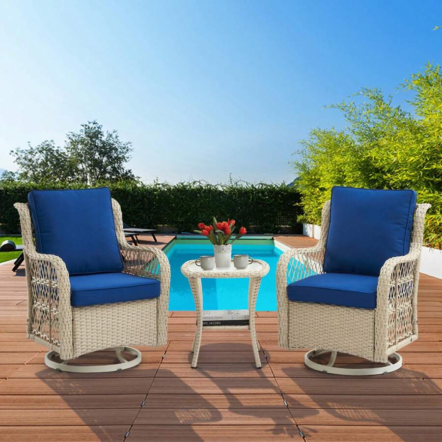 3 Pieces Outdoor Wicker Swivel Rocker Patio Set,Swivel Rocking Chairs Set Of 2 With Rattan Side