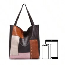 Đinh tán Khối màu Punk cổ điển Phong cách Túi tote đeo vai - Cà phê nâu - Xem 2