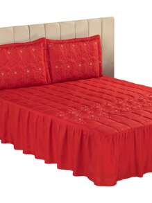 Diva Luxury Embroidered Double Bedspread 3 Pieces Vibrant Colors With Ruffle And Pillowcase - Đỏ - Xem 3