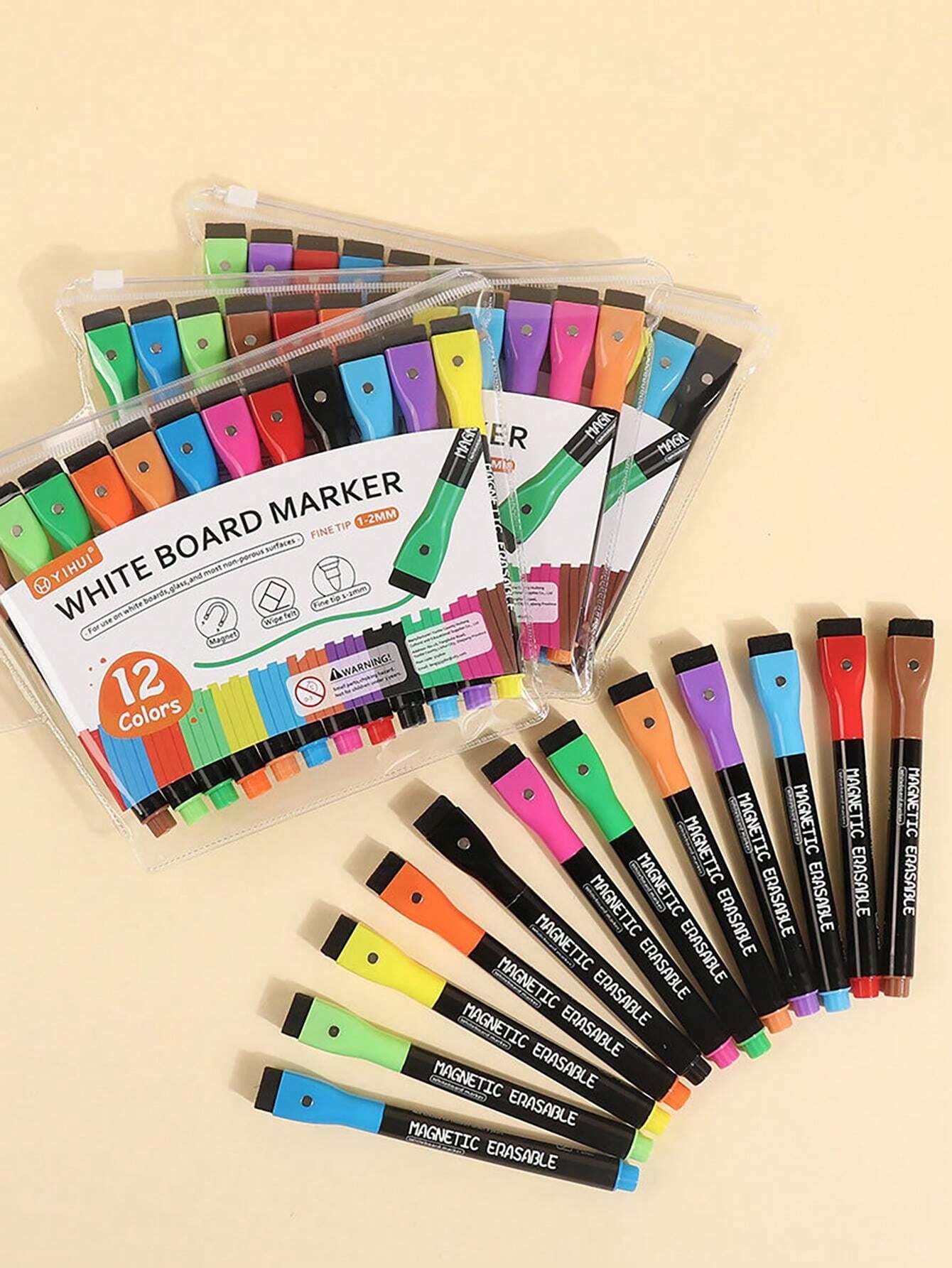12pcs/Set Multicolor Whiteboard Marker, Thin Cap Erasable