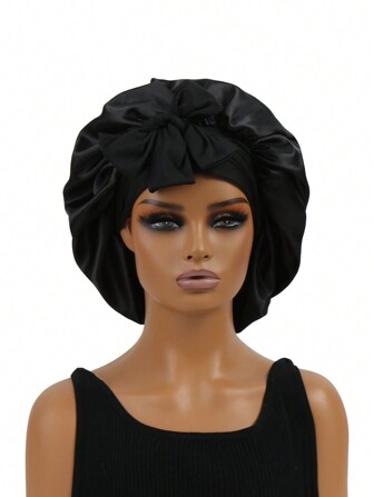 1PC Bowknot Lace Up Satin Bonnet Solid Color Elastic Sleeping Night Cap Lightweight Bath Cap Hair Bonnets For Women Girls Black Valentine's Day