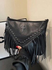 Fashion Vintage Leather Crossbody Bag, Boho Style Shoulder Bag, Tassel Rivet Cross Decor Square Purse Casual Messenger Bag For Travel & Every Day, Portable Business Work Satchel Sling Bags Hobo Fringe Crossbody Purse Small Handbag, Western Purse For Women, Bohemia Style Bag For Women, Perfect For Rodeo Occasion - Black - View 1
