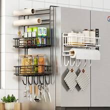 Refrigerator Storage Shelf Kitchen Multi-Functional Seasoning Rack With Hanging Hooks And Storage For Plastic Wrap And Paper Towels Without Drilling - Black - View 2