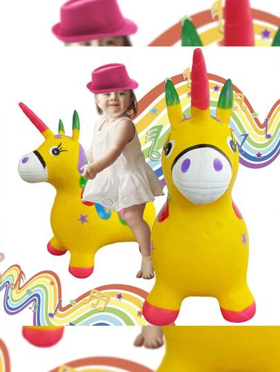 GRUPO CARNAVALLIA Montable Caballito Unicornio Amarillo Inflable Brinca Luz Sonido