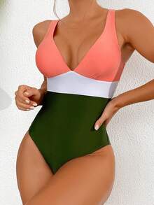 新款女士泳衣性感拼色比基尼連體泳裝，適合海灘度假和游泳 - 彩色 - 查看 3