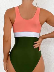 新款女士泳衣性感拼色比基尼連體泳裝，適合海灘度假和游泳 - 彩色 - 查看 2