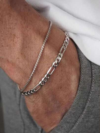 1 Set Of Minimalist Double Layered Stainless Steel Men's Bracelets