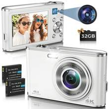 Cámara Digital, 4K Autofocus Cámara Digital con 32G Tarjeta SD Delantera y Trasera Cámaras Duales, HD 48MP con 2.8" Pantalla Grande, 16X Zoom Digital, Recargable Cámara Compacta para Principiantes (Blanco) - Blanco - Ver 1