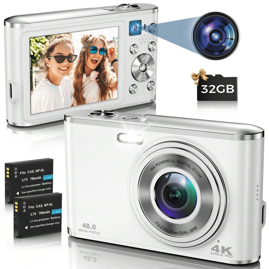 Cámara Digital, 4K Autofocus Cámara Digital con 32G Tarjeta SD Delantera y Trasera Cámaras Duales, HD 48MP con 2.8" Pantalla Grande, 16X Zoom Digital, Recargable Cámara Compacta para Principiantes (Blanco) - Blanco - Ver 1