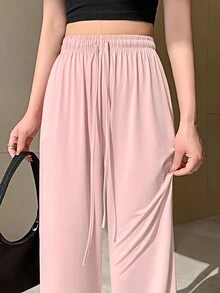 女士舒適實色速乾透氣運動休閒長褲，高腰寬鬆直筒寬腿家居降溫防曬長褲。 - 粉色 - 查看 5