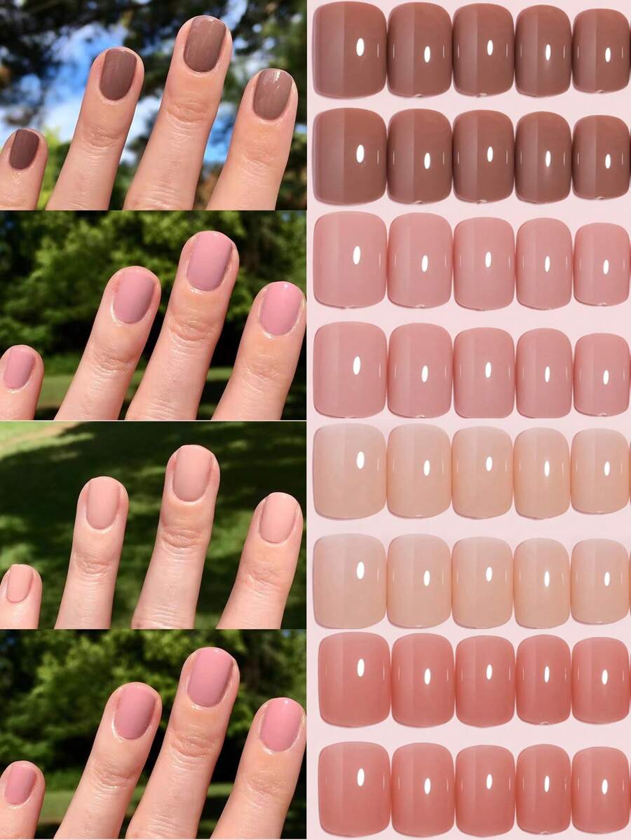 96入組（深肉色 / 裸色 / 米白 / 橙粉-4種顏色）中型方形壓花假指甲，亞克力淺彩短款假指甲，全套實色設計，光澤膠裝美甲，作為女性和女孩的禮物贈送，附贈收納盒，美甲用品 - 彩色 - 查看 1