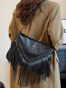 Fashion Vintage Leather Crossbody Bag, Boho Style Shoulder Bag, Tassel Rivet Cross Decor Square Purse Casual Messenger Bag For Travel & Every Day, Portable Business Work Satchel Sling Bags Hobo Fringe Crossbody Purse Small Handbag, Western Purse For Women, Bohemia Style Bag For Women, Perfect For Rodeo Occasion - Black - View 2