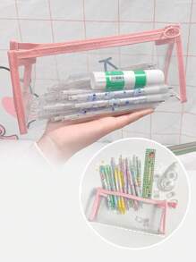1pc Cartoon Canvas Student Pencil Case With Large Capacity, Simple Stationery Storage Bag - Beige - View 9