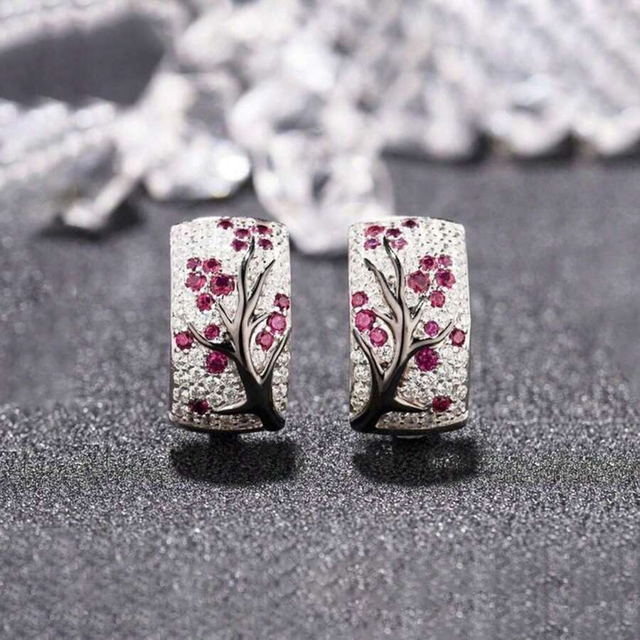 獨特的銀色梅花花紋耳環,優雅的花卉珠寶禮物,男女都合適 - 銀色 - 查看 1