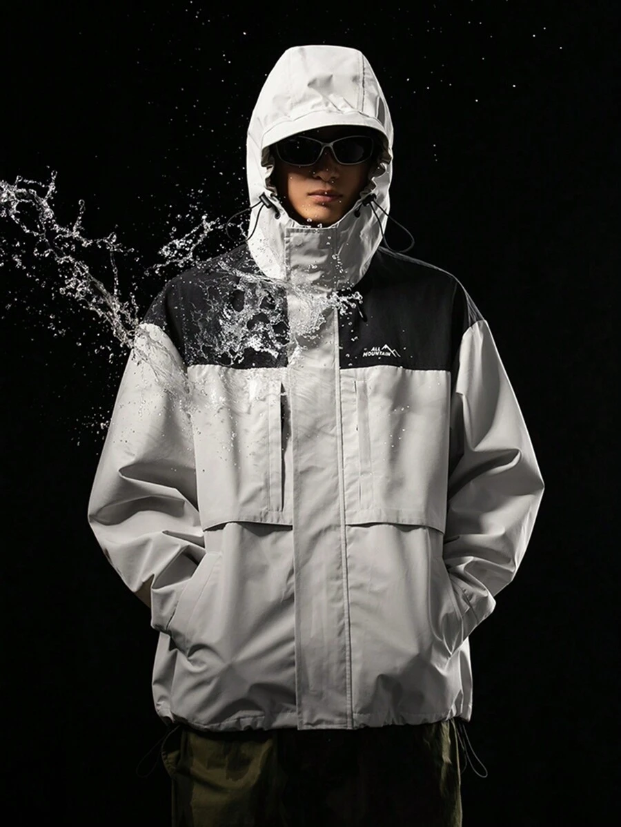 MUNZ Men Outdoor Fashion Color-Blocked Zipper Lapel Water-Resistant Drawstring Hooded Softshell Jacket