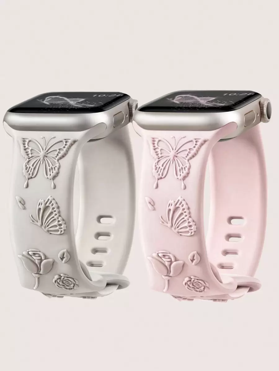 2条装花卉雕刻表带，兼容表带49mm、45mm、44mm、42mm、41mm、40mm、38mm，防水花朵蝴蝶运动硅胶腕带替换表带，兼容 Series 11、10、9、8、7、6、5、4、3、2、1、SE、Ultra，女士款