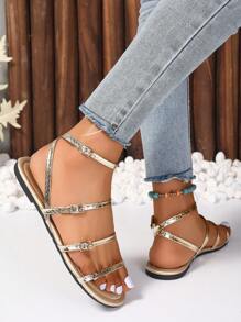 Women's Fashionable Golden Simple Flat Sandals, Solid Color Buckle Shiny Fashionable And Comfortable Open Toe Sandals, 2025 New Summer Plus Size Glamorous High-End Round Toe Sandals,Plus Size Wide Width Shoes Women, Casual Women's Shoes Suitable For Outdoor And Party Wear,Sexy Shoes For Women,Ladies Shoes,Gold Shoes,Sparkly Sandals,Gold Sandals,Snake Pattern,Suitable For Vacation And Beach Fun
