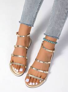 Women's Fashionable Golden Simple Flat Sandals, Solid Color Buckle Shiny Fashionable And Comfortable Open Toe Sandals, 2025 New Summer Plus Size Glamorous High-End Round Toe Sandals,Plus Size Wide Width Shoes Women, Casual Women's Shoes Suitable For Outdoor And Party Wear,Sexy Shoes For Women,Ladies Shoes,Gold Shoes,Sparkly Sandals,Gold Sandals,Snake Pattern,Suitable For Vacation And Beach Fun