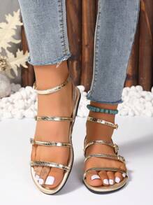 Women's Fashionable Golden Simple Flat Sandals, Solid Color Buckle Shiny Fashionable And Comfortable Open Toe Sandals, 2025 New Summer Plus Size Glamorous High-End Round Toe Sandals,Plus Size Wide Width Shoes Women, Casual Women's Shoes Suitable For Outdoor And Party Wear,Sexy Shoes For Women,Ladies Shoes,Gold Shoes,Sparkly Sandals,Gold Sandals,Snake Pattern,Suitable For Vacation And Beach Fun
