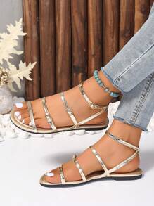 Women's Fashionable Golden Simple Flat Sandals, Solid Color Buckle Shiny Fashionable And Comfortable Open Toe Sandals, 2025 New Summer Plus Size Glamorous High-End Round Toe Sandals,Plus Size Wide Width Shoes Women, Casual Women's Shoes Suitable For Outdoor And Party Wear,Sexy Shoes For Women,Ladies Shoes,Gold Shoes,Sparkly Sandals,Gold Sandals,Snake Pattern,Suitable For Vacation And Beach Fun