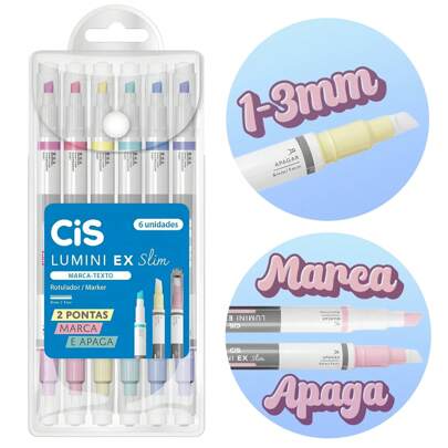 Kit Marca Texto Apagável Lumini Ex Slim CiS 6 Cores (Marca e Apaga) 2 Pontas