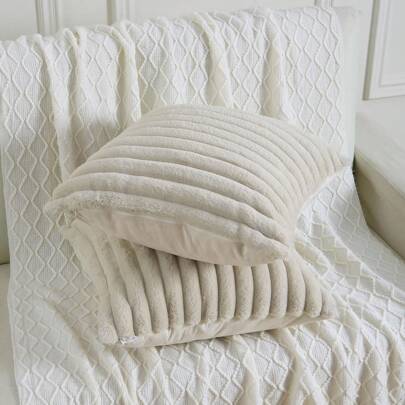 1入組米白實色兔毛絨面枕套，正方形靠墊套，度假風格家飾，柔軟舒適防毛塵，現代風格沙發家具、家庭臥室、宿舍廳