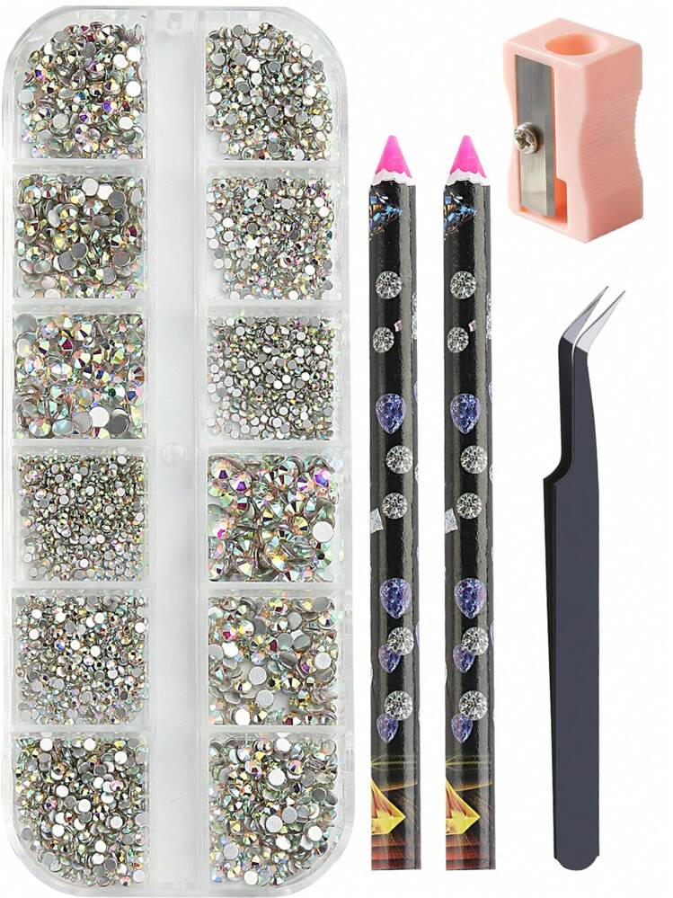 多尺寸AB水晶指甲鑽石套裝，帶平底透明鑽石和DIY指甲藝術裝飾，附有指甲筆、鑷子、指甲吊飾及指甲用品套組 - 彩色 - 查看 1