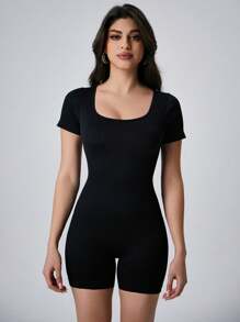 1 件女式黑色无缝柔软连体裤，带腰带，适合跑步和瑜伽训练，短袖