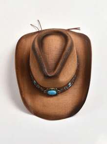 1頂男女編織草牛仔帽,新西部風格經典草製牛仔帽,寬邊遮陽帽 - 棕色 - 查看 4