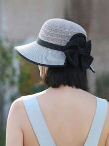 1 件女士夏季遮阳草帽，时尚简约宽檐帽，百搭蝴蝶结装饰太阳帽，适合夏季防晒，款式随机带风绳 - 彩色 - 查看 6