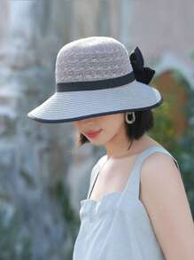 1 件女士夏季遮阳草帽，时尚简约宽檐帽，百搭蝴蝶结装饰太阳帽，适合夏季防晒，款式随机带风绳 - 彩色 - 查看 4