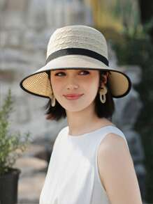 1 件女士夏季遮阳草帽，时尚简约宽檐帽，百搭蝴蝶结装饰太阳帽，适合夏季防晒，款式随机带风绳 - 彩色 - 查看 9