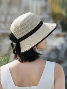 1 件女士夏季遮阳草帽，时尚简约宽檐帽，百搭蝴蝶结装饰太阳帽，适合夏季防晒，款式随机带风绳 - 彩色 - 查看 11