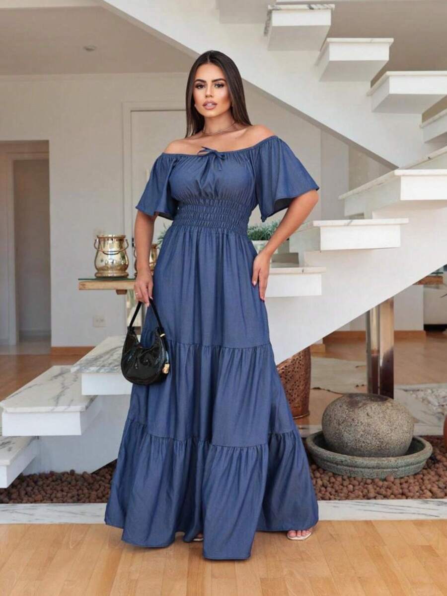 Vestido longo jeans lastex manga curto ombro ombro