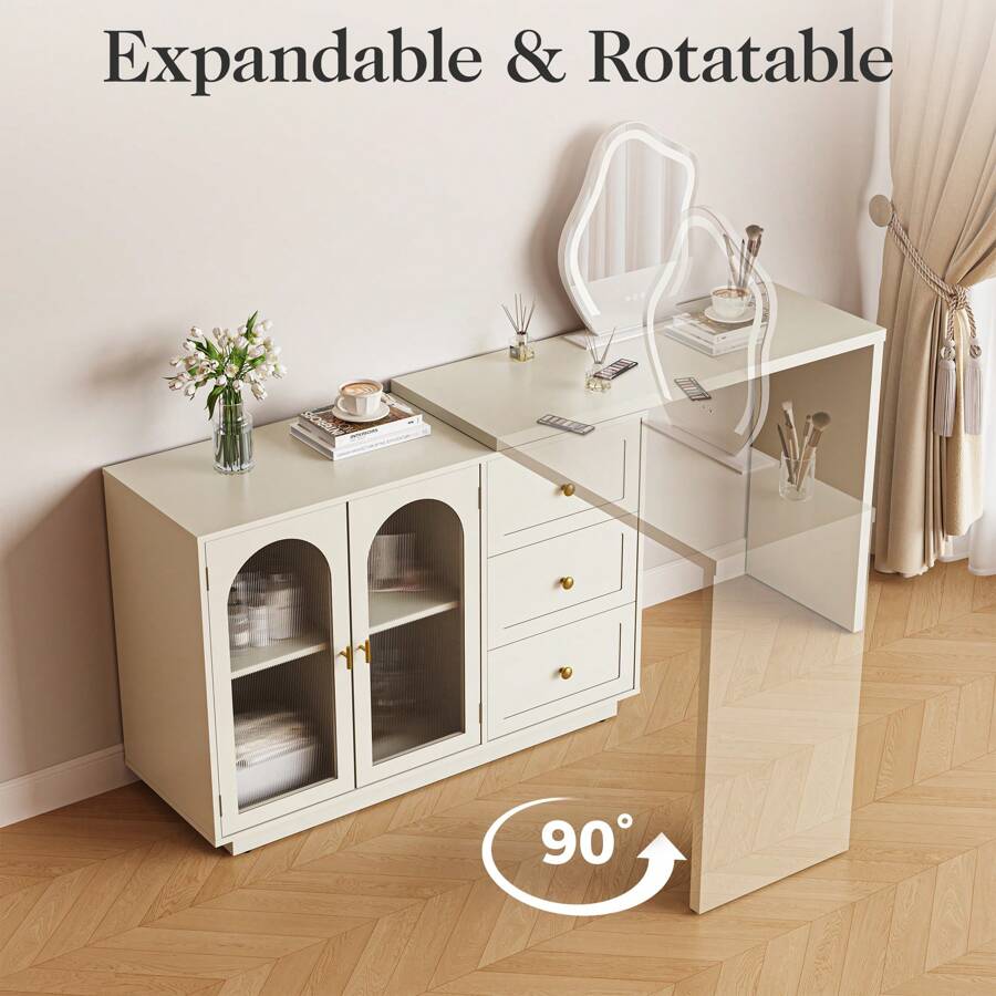 Sunvivi Makeup Vanity Desk, Extendable Corner Vanity Makeup Table With