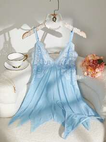 2pcs Sexy Lace Slip Dress Set, Discounted Price, Seductive Spaghetti Strap Nightgown, Backless Teddy V-Neck Sleepwear, Romantic Couple Bedroom Lingerie - Baby Blue - View 7