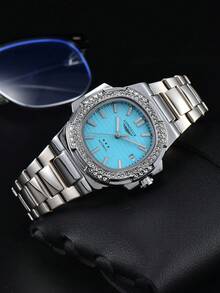 LONGLUX 1pc Men's Waterproof Automatic Mechanical Calendar Watch, Stainless Steel Band With Butterfly Clasp & Decorative Diamonds, Business Style - Silver - View 8