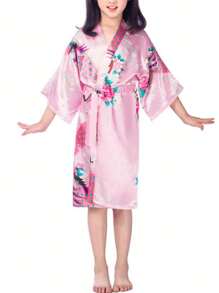 1 Cô Gái Tuổi Teen Trung Chiều Dài In Hình Con Công Đồ Ngủ, Áo Choàng Tắm Satin Mỏng Cho Mùa Hè, thường Ngày Hở Mặt Trước Áo Dây Cho Gia Đình - Hồng - Xem 1
