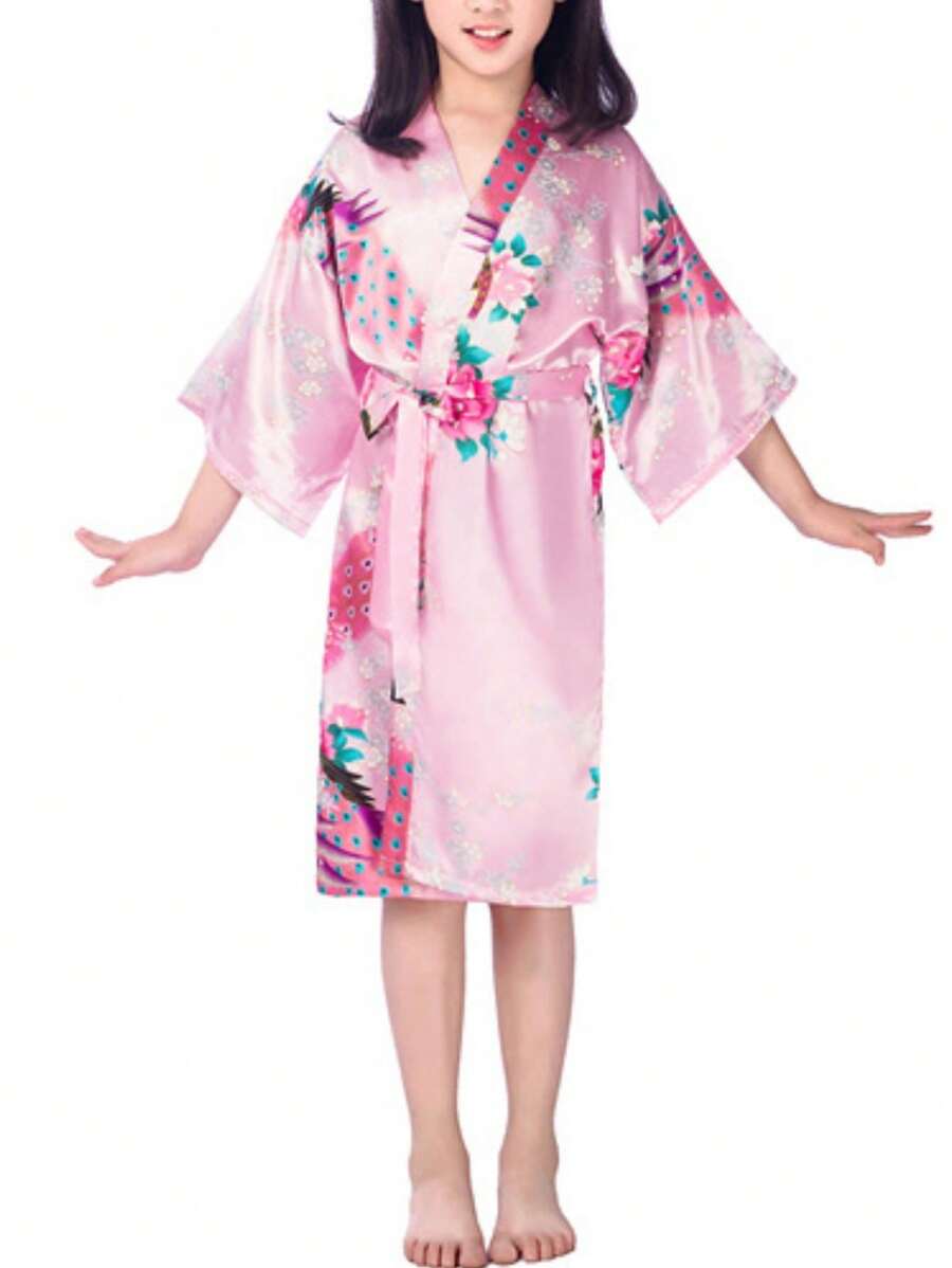 1 Cô Gái Tuổi Teen Trung Chiều Dài In Hình Con Công Đồ Ngủ, Áo Choàng Tắm Satin Mỏng Cho Mùa Hè, thường Ngày Hở Mặt Trước Áo Dây Cho Gia Đình - Hồng - Xem 1