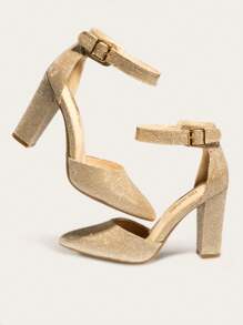 Women's Chunky High Heels Pumps Ankle Strap Closed Pointed Toe Elegant Fashionable Comfortable Dating Wedding Party Dress Shoes - 金色 - 查看 5