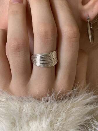 銀製可調整多層線條戒指,女性珠寶飾品,vintage風格獨特戒指,婚禮、派對、生日禮物,時尚珠寶