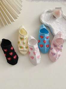 5 Pairs Random Delivery Spring/Summer New Heart & Letter Print Boat Socks, Breathable Invisible Socks, Cute Korean Style Low-Cut Short Socks For Women - Multicolor - View 3