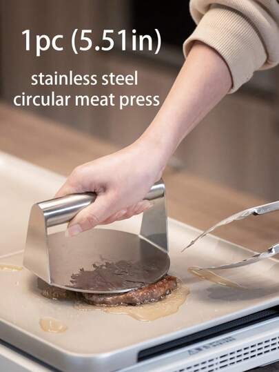 1pc (5.5in) Stainless Steel Circular Hamburger Press Mold, Pie Maker, Household Made Steak, Pie, Barbecue Fryer, Etc., Flat Bottomed Smooth Non Stick Meat Patty, Suitable For Outdoor Barbecue, Kitchen, Hotel And Restaurant, Etc