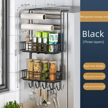 Refrigerator Storage Shelf Kitchen Multi-Functional Seasoning Rack With Hanging Hooks And Storage For Plastic Wrap And Paper Towels Without Drilling - Black - View 6