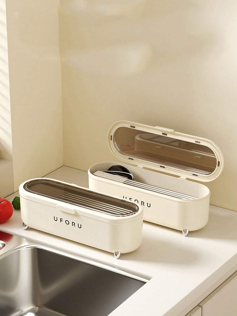 1pc Cutlery Storage Box With Drainage Design For Kitchen Utensils (Including Spoon) With Lid And Dust-Proof Function - Beige - View 1