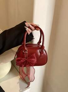 Túi xách thời trang bằng chất liệu PU có trang trí nơ cho nữ có dây đeo vai, thích hợp cho những dịp trang trọng như tiệc tùng và đám cưới, túi thời trang màu đỏ tía - Màu Đỏ Sâu - Xem 2