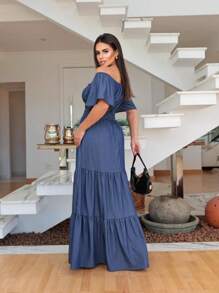 Vestido longo jeans lastex manga curto ombro ombro