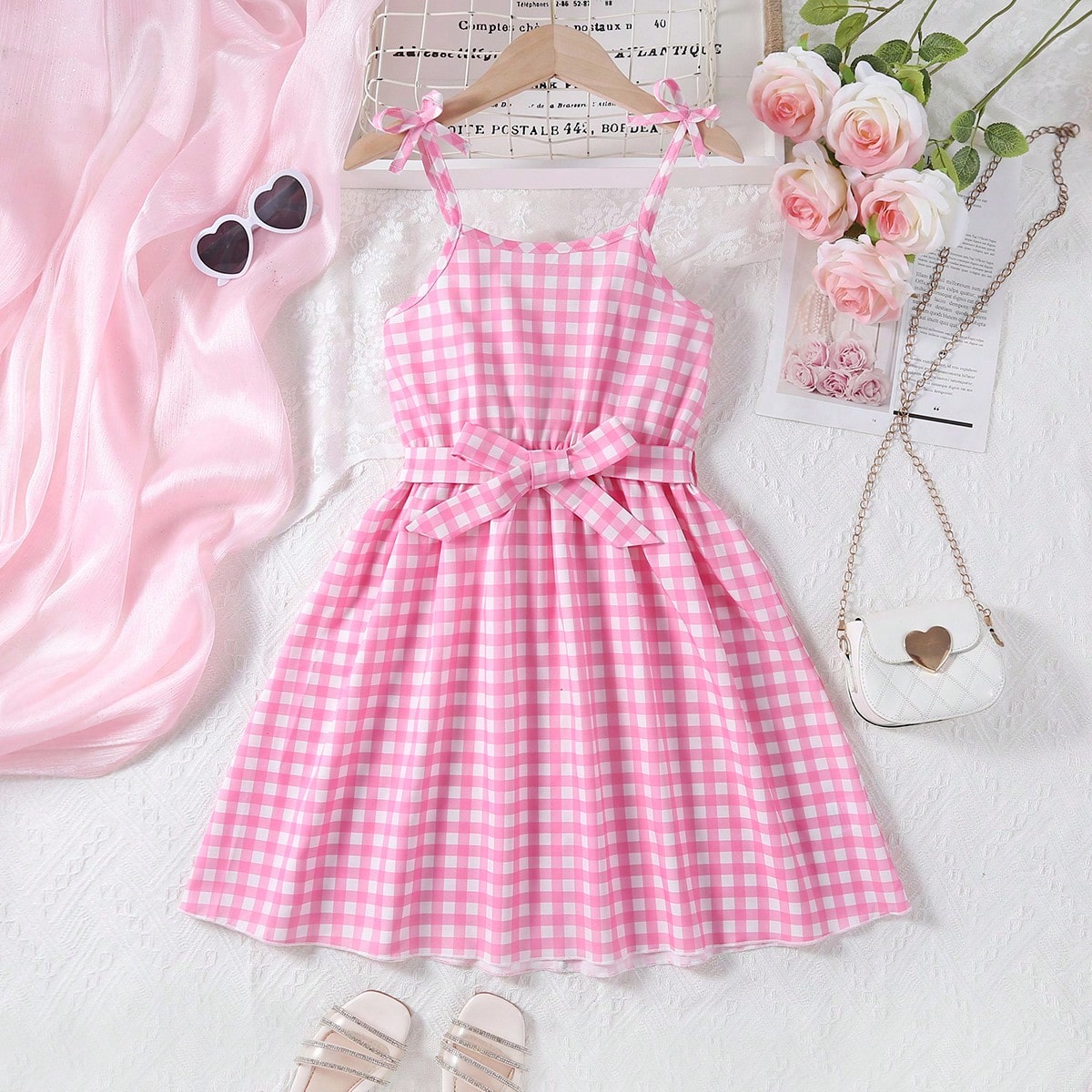 Vestido de verano sin mangas con cinturón, de cuadros rosas, informal y cómodo para niñas preadolescentes y niñas pequeñas
