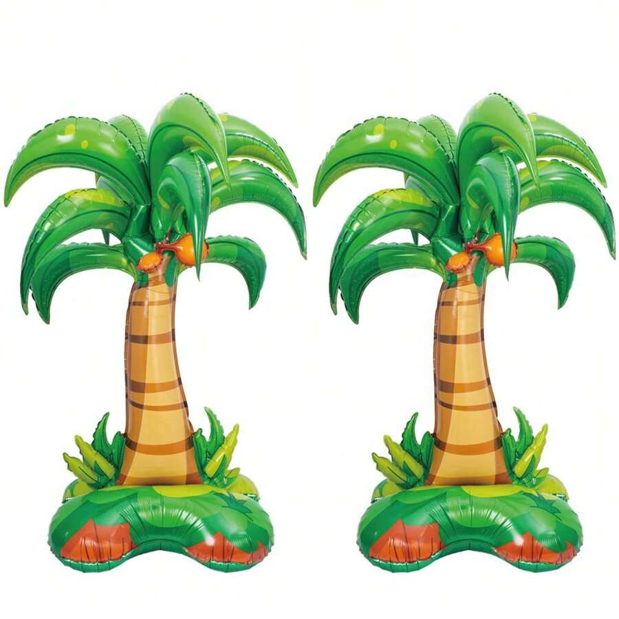 2入組-52 吋大棕櫚樹造型氣球，帶3D椰樹底座，鋁膜氣球，適用於生日、婚禮、派對裝飾，可充氣成棕櫚樹氣球，適用於成年人夏威夷宴會、夏日佈置 - 3D立體椰樹2裝 - 查看 1